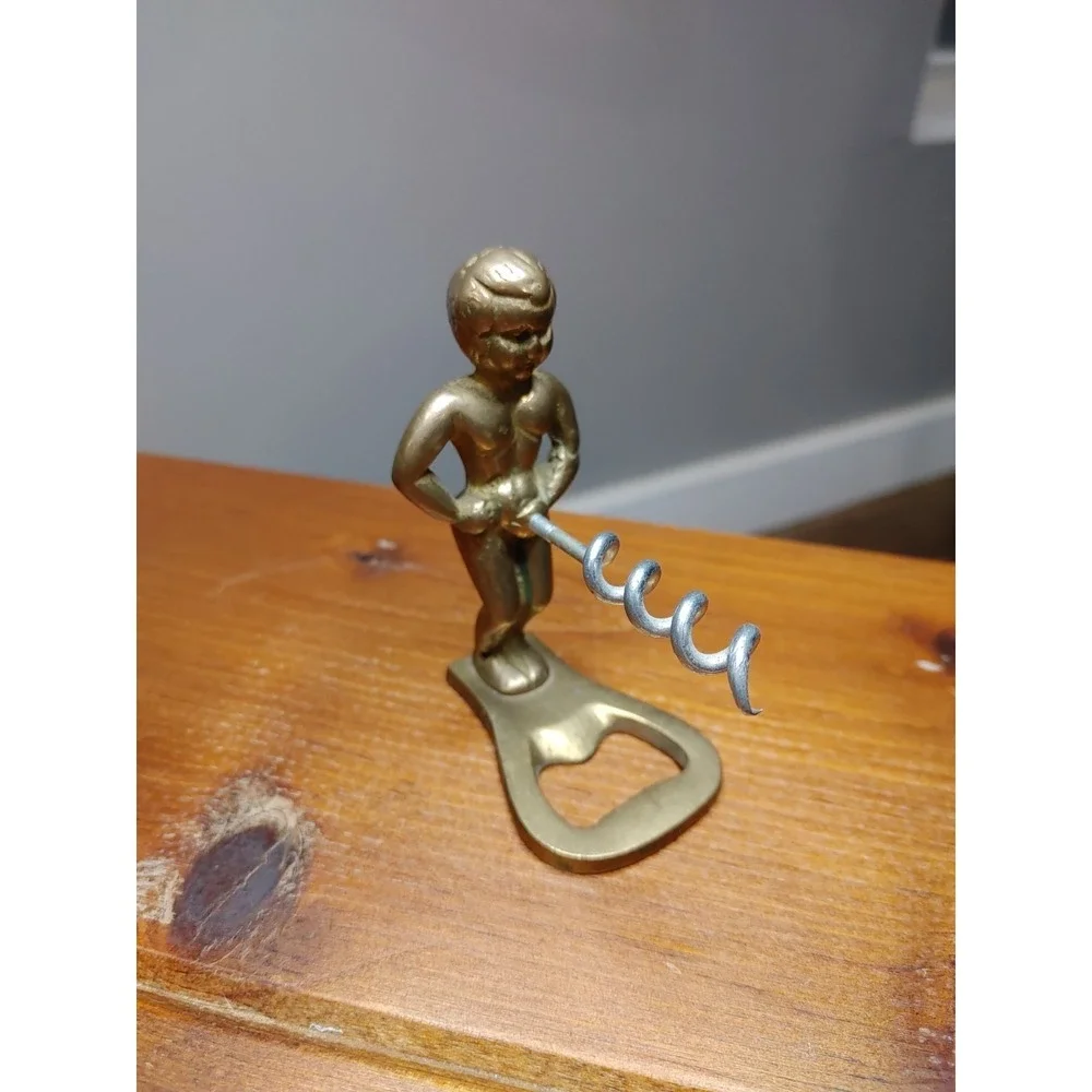 Vtg Brass Corkscrew Bottle Opener Little Pissing Man Wine Beer Novelty Bar Humor